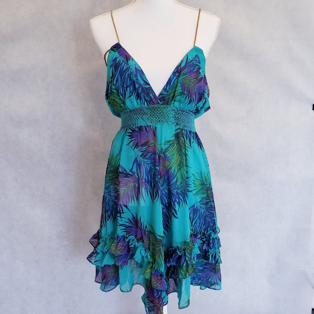 Arden B Teal Floral Chain Tassel Strap Mini Dress